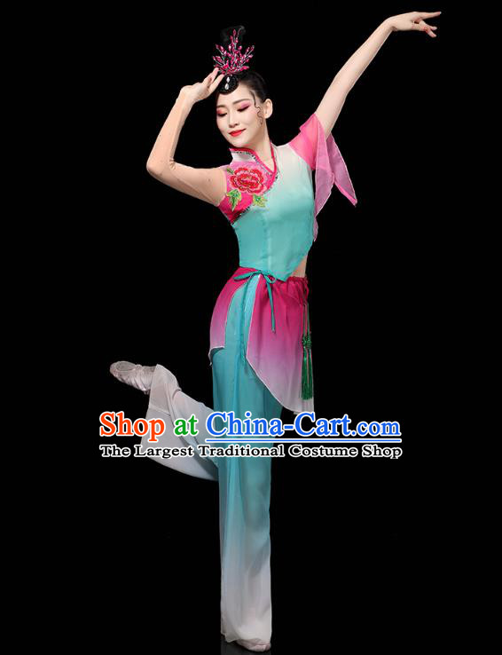 China Folk Dance Performance Blue Outfits Yangko Dance Clothing Traditional Fan Dance Costume
