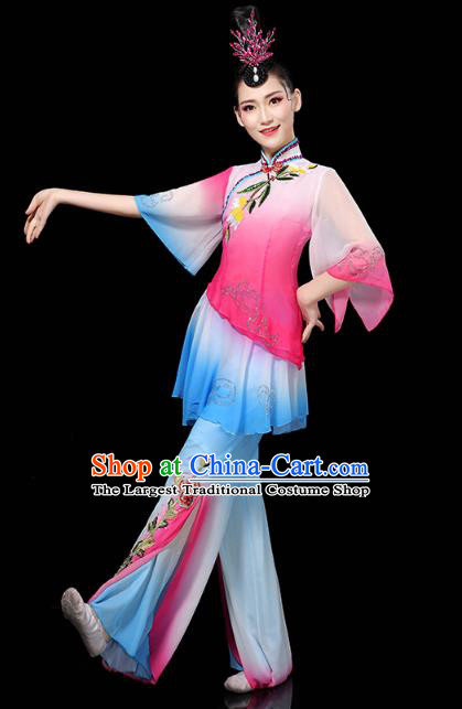 China Traditional Fan Dance Costume Folk Dance Performance Rosy Outfits Yangko Dance Clothing