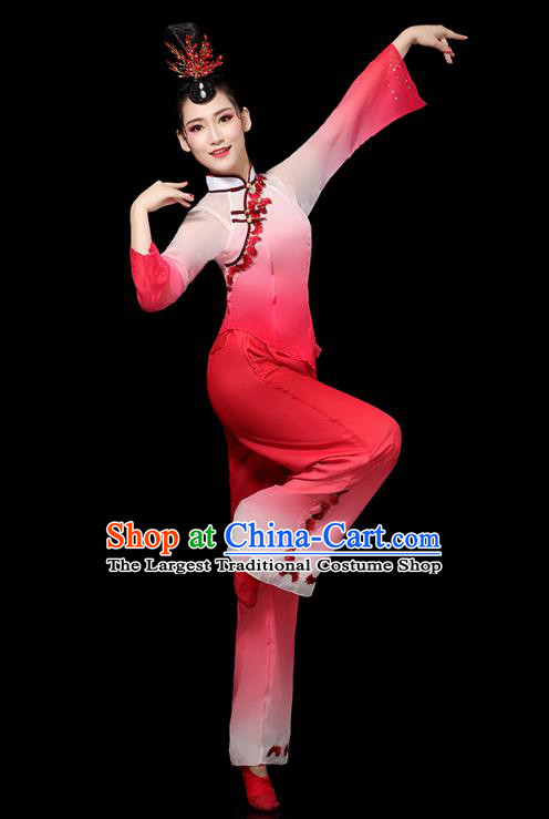 China Folk Dance Performance Red Outfits Yangko Group Dance Clothing Traditional Fan Dance Costume