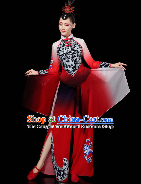 China Traditional Fan Dance Performance Costume Folk Dance Red Outfits Yangko Group Dance Clothing