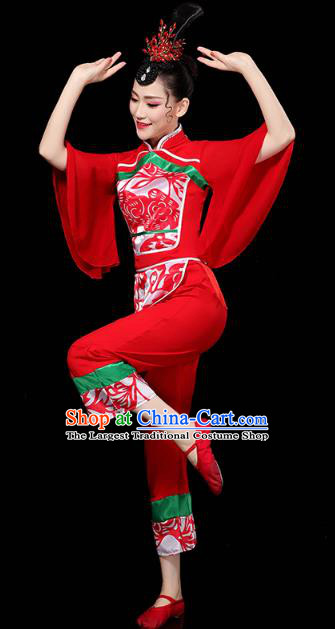 China Folk Dance Drum Dance Red Outfits Traditional Yangko Dance Clothing Fan Dance Costume