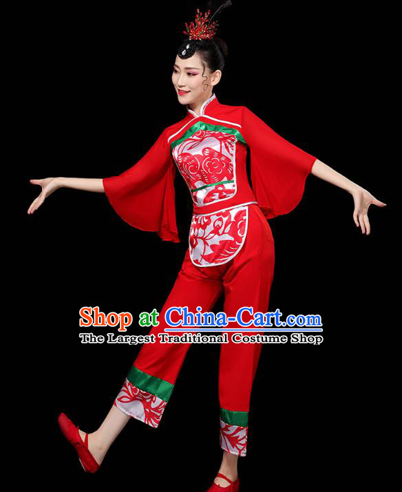 China Folk Dance Drum Dance Red Outfits Traditional Yangko Dance Clothing Fan Dance Costume