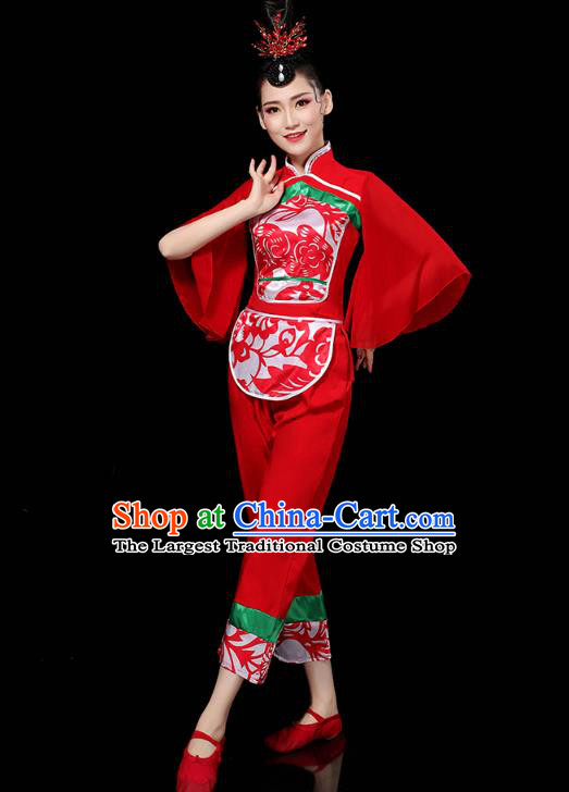 China Folk Dance Drum Dance Red Outfits Traditional Yangko Dance Clothing Fan Dance Costume