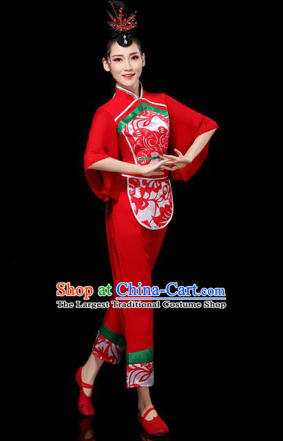 China Folk Dance Drum Dance Red Outfits Traditional Yangko Dance Clothing Fan Dance Costume
