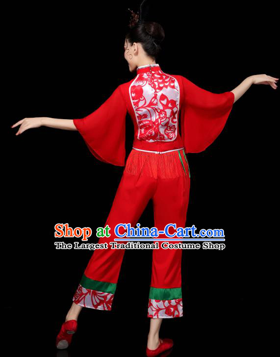 China Folk Dance Drum Dance Red Outfits Traditional Yangko Dance Clothing Fan Dance Costume