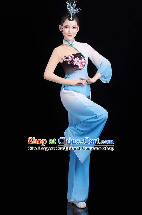 China Traditional New Year Yangko Dance Clothing Fan Dance Costume Folk Dance Blue Outfits