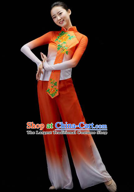 China Traditional Folk Dance Yangko Dance Orange Outfits Fan Dance Embroidered Clothing