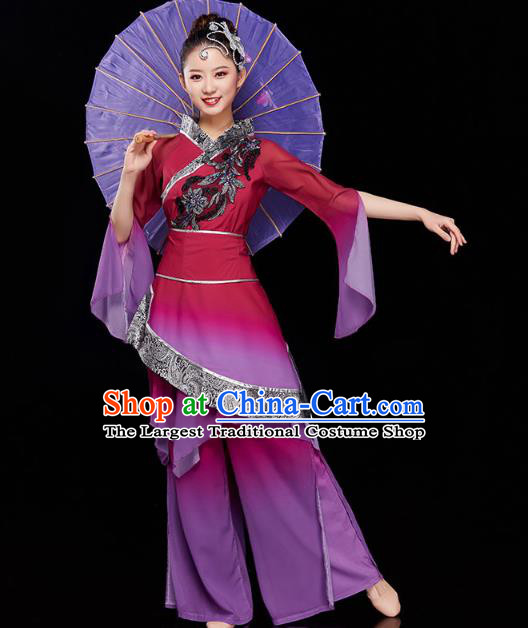 China Traditional Folk Dance Umbrella Dance Purple Outfits Jiaozhou Yangko Dance Performance Clothing