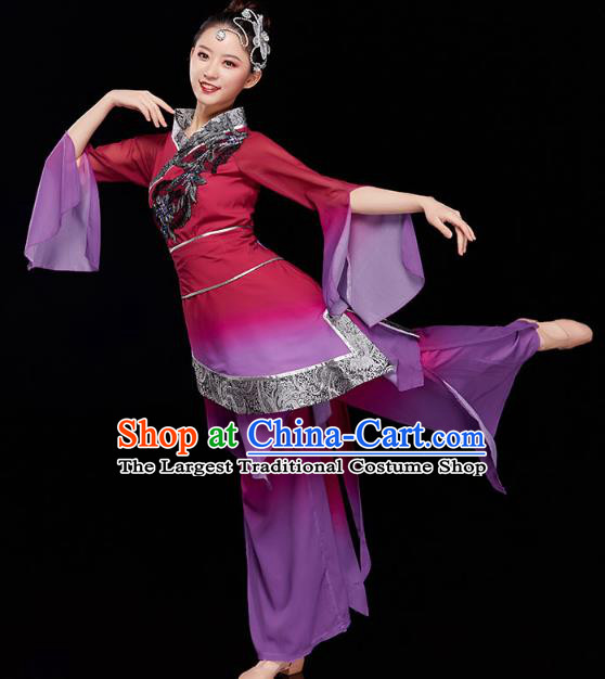 China Traditional Folk Dance Umbrella Dance Purple Outfits Jiaozhou Yangko Dance Performance Clothing