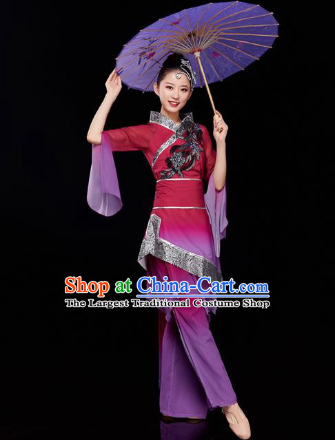 China Traditional Folk Dance Umbrella Dance Purple Outfits Jiaozhou Yangko Dance Performance Clothing