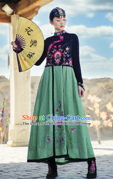 Chinese Embroidered Green Vest Dress Traditional National Cheongsam Costume