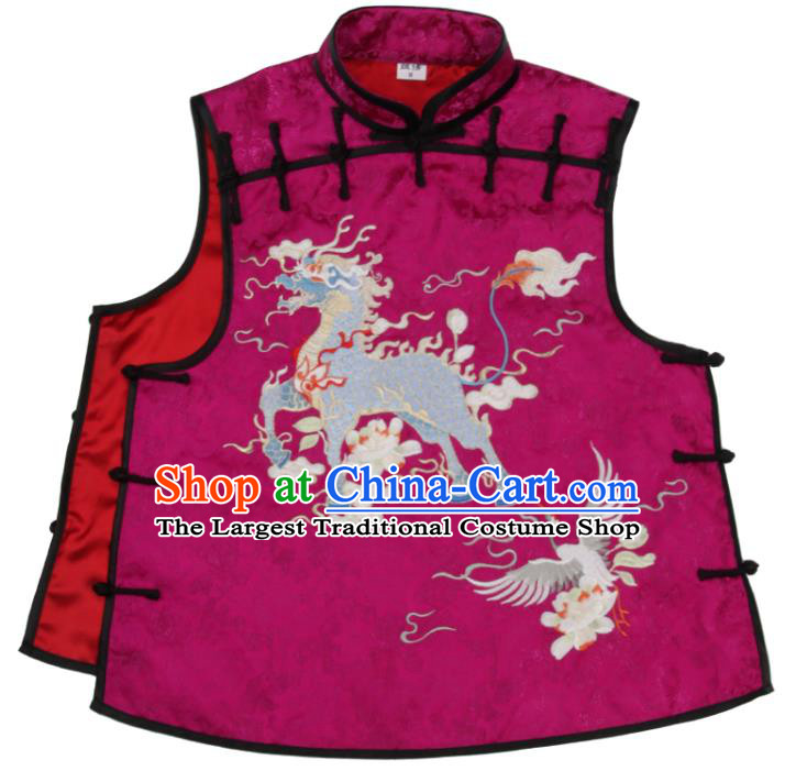 Chinese Embroidered Kylin Rosy Brocade Waistcoat Traditional Tang Suit Top Garment National Woman Vest Costume