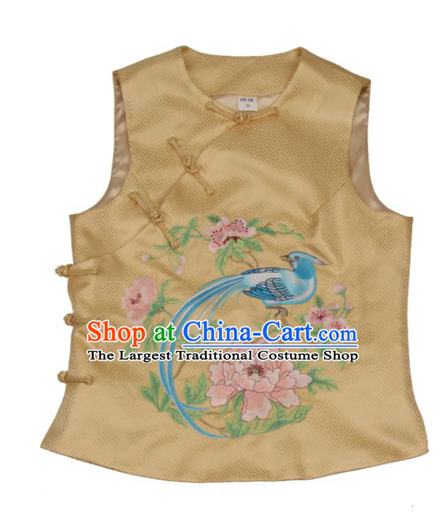 Chinese Tang Suit Embroidered Peony Bird Waistcoat Traditional Top Garment National Woman Golden Brocade Vest Costume
