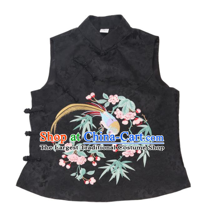 Chinese Tang Suit Embroidered Begonia Bird Waistcoat Traditional Black Brocade Top Vest Garment