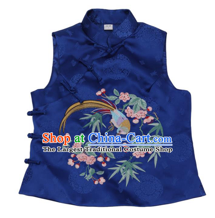 Chinese Traditional National Royalblue Brocade Top Vest Tang Suit Embroidered Begonia Bird Waistcoat Garment