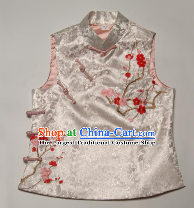 Chinese National White Brocade Vest Tang Suit Upper Outer Garment Traditional Embroidered Plum Blossom Waistcoat