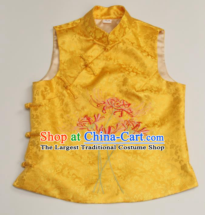 Chinese Tang Suit Upper Outer Garment Traditional Embroidered Manjusaka Waistcoat National Golden Brocade Vest