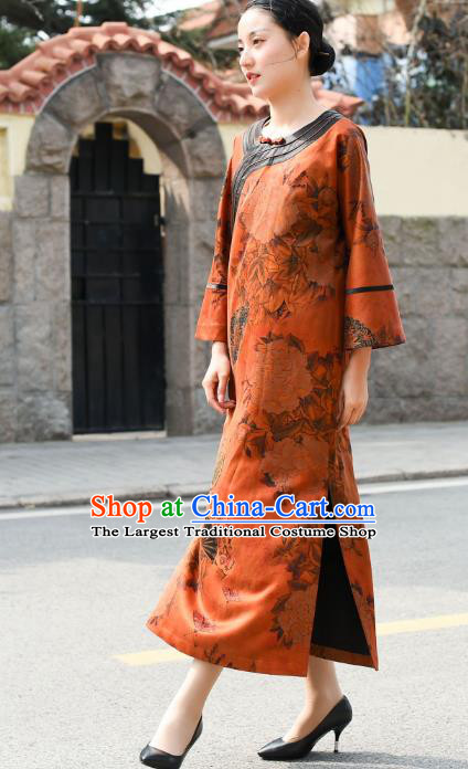 Chinese Traditional Printing Peony Orange Silk Qipao Dress Costume National Young Lady Slant Opening Cheongsam