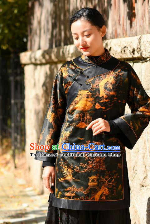 China Tang Suit Greatcoat Traditional Black Silk Cotton Wadded Jacket National Woman Outer Garment Clothing