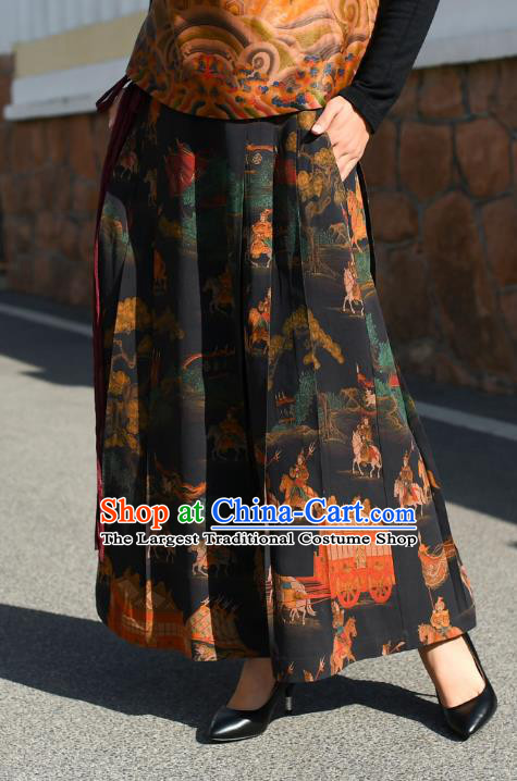 China National Gambiered Guangdong Gauze Skirt Traditional Woman Printing Black Silk Skirt Costume