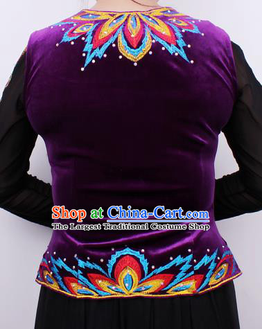 China Xinjiang Ethnic Woman Purple Velvet Vest Traditional Uygur Nationality Folk Dance Waistcoat Clothing