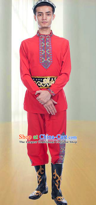 Chinese Xinjiang Folk Dance Costumes Uygur Male Dance Performance Red Outfits