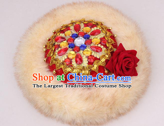 Chinese Xinjiang Ethnic Woman Winter Headwear Traditional Uygur Nationality Stage Performance Hat