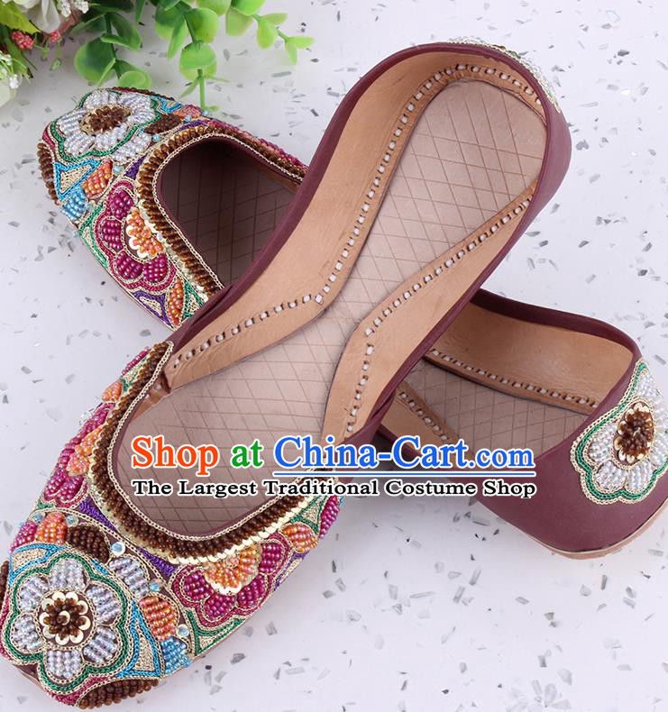 Asian Traditional Wedding Leather Shoes Indian Folk Dance Shoes Handmade Embroidery Beads Shoes