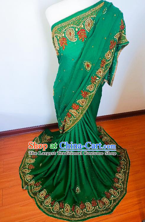 Indian Traditional Female Costume Asian India Stage Performance Embroidered Green Sari Dress