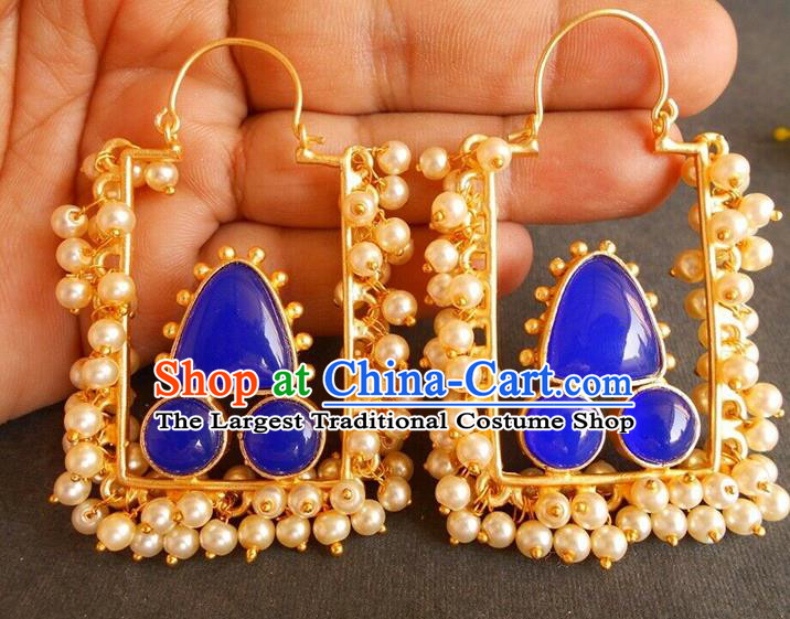 Asian Indian Stage Performance Blue Earrings India Folk Dance Pearls Ear Accessories