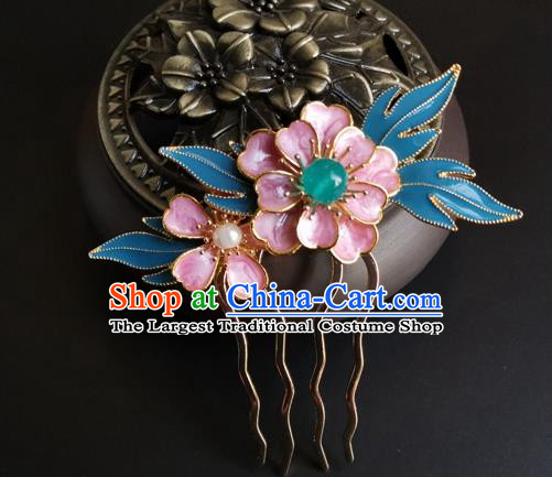 China Ancient Young Lady Hairpin Traditional Ming Dynasty Cloisonne Pink Peony Hair Comb