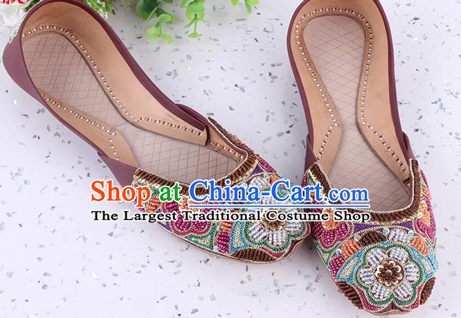 Asian Handmade Embroidery Beads Wine Red Shoes Traditional Court Leather Shoes Indian Folk Dance Shoes