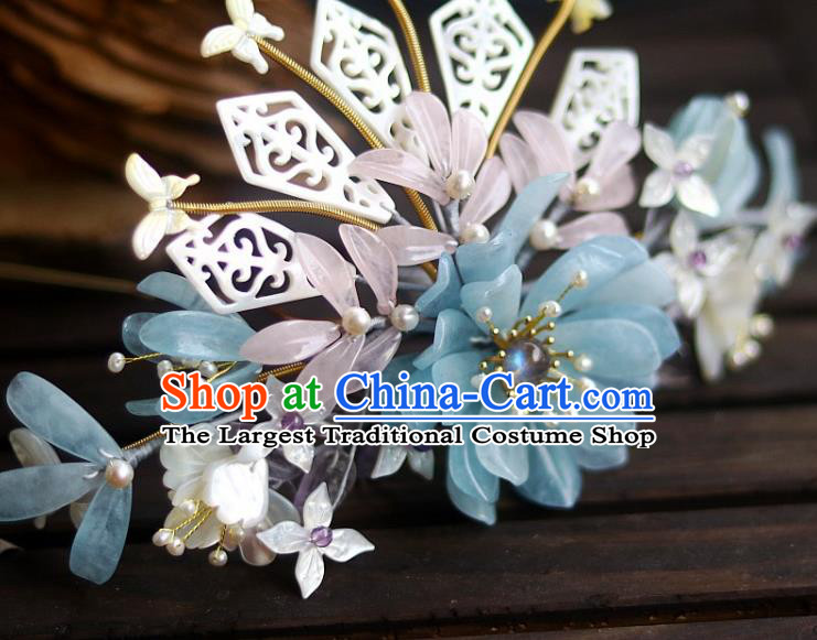 Chinese Ancient Empress Shell Hairpin Traditional Song Dynasty Court Aquamarine Chrysanthemum Hair Crown
