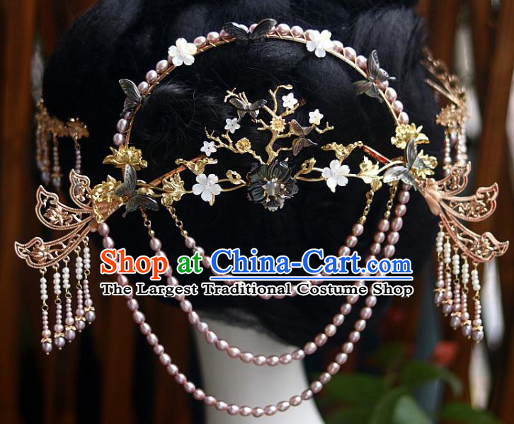 Chinese Ancient Empress Back Hairpin Traditional Ming Dynasty Court Woman Pearls Tassel Hair Crown