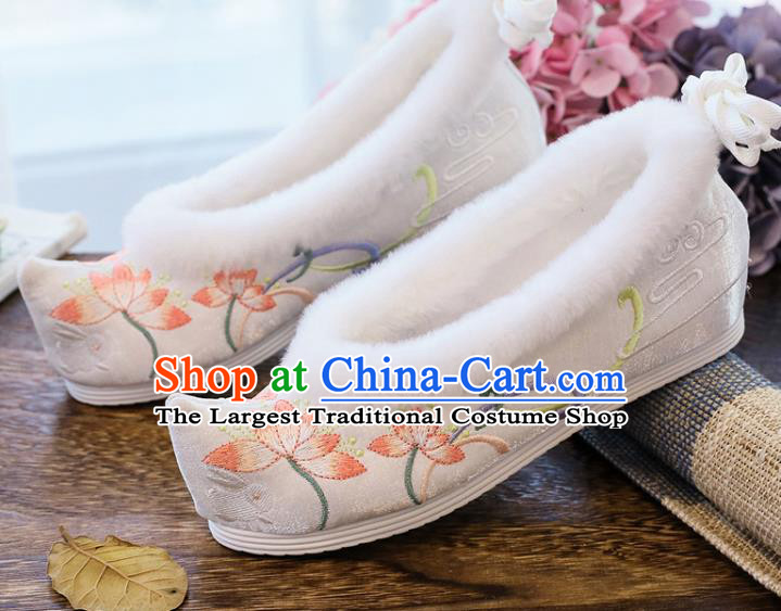 China Traditional White Satin Shoes Handmade Ming Dynasty Winter Bow Shoes National Embroidered Lotus Shoes