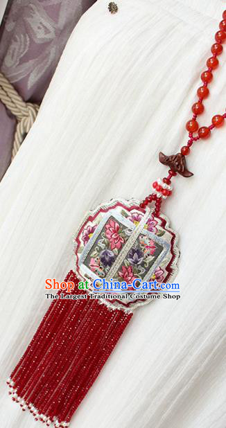 China Handmade Embroidered Lotus Sachet Necklet Accessories Traditional Cheongsam Red Beads Tassel Necklace