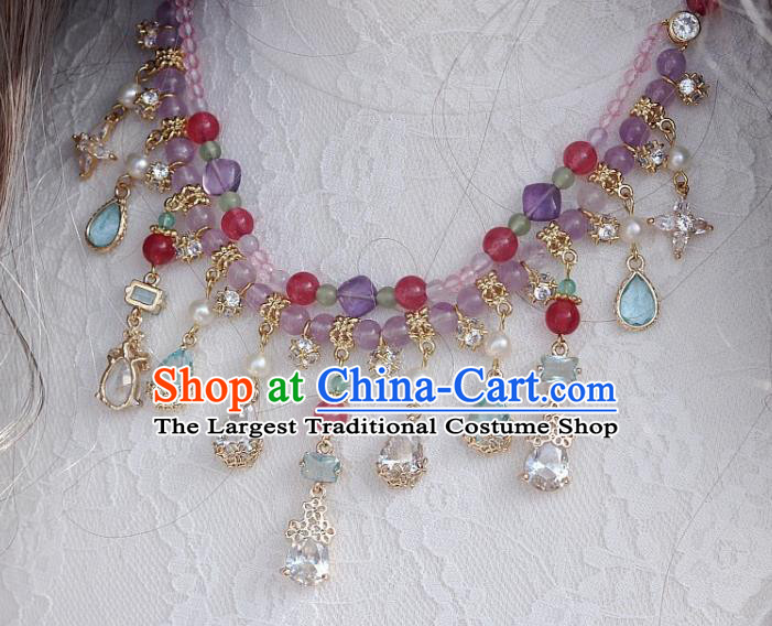 China Traditional Ming Dynasty Amethyst Necklace Handmade Ancient Princess Crystal Tassel Necklet Accessories