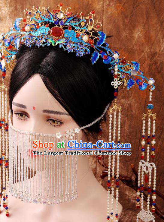 Chinese Ancient Bride Wedding Phoenix Coronet Traditional Ming Dynasty Imperial Concubine Cloisonne Hair Crown