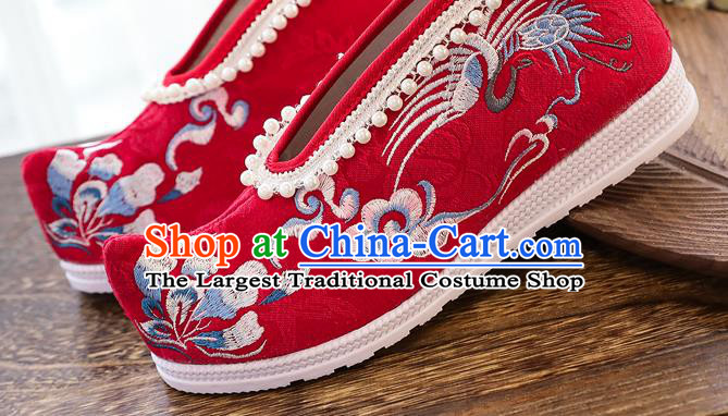 China Ancient Ming Dynasty Shoes National Embroidered Crane Red Shoes Traditional Hanfu Pearls Shoes