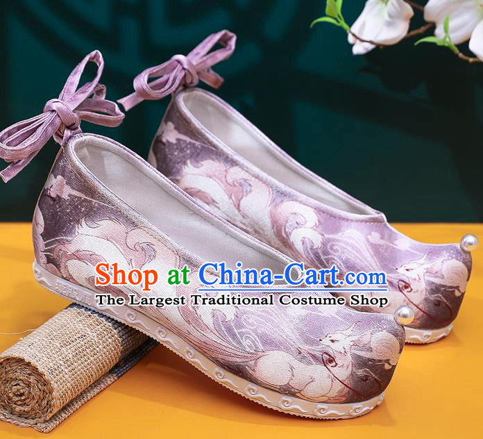 China Classical Nine Tail Fox Pattern Purple Satin Shoes Traditional Hanfu Shoes Handmade Ancinet Ming Dynasty Princess Shoes