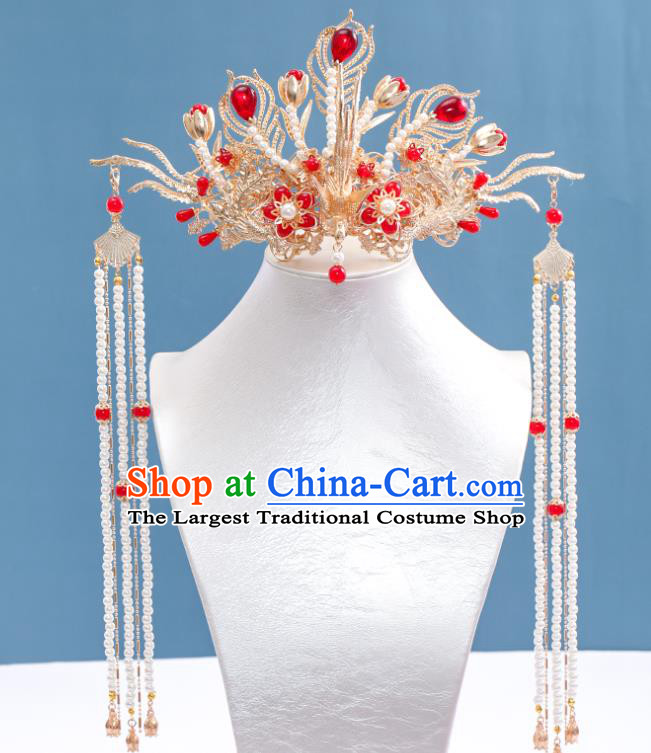 Chinese Traditional Ming Dynasty Wedding Hair Accessories Ancient Empress Golden Phoenix Coronet