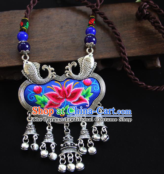 China Handmade Yunnan Ethnic Silver Bells Necklet Accessories Traditional Miao Minority Embroidered Blue Necklace