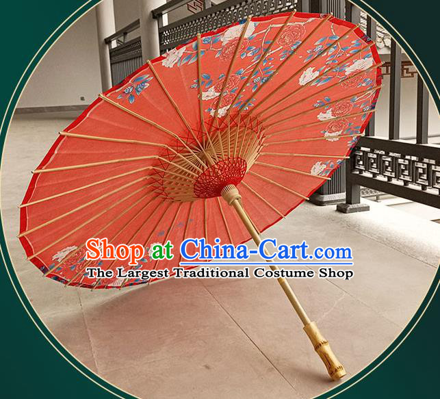 China Traditional Wedding Umbrella Craft Classical Dance Umbrella Hand Painting Peony Red Silk Umbrella