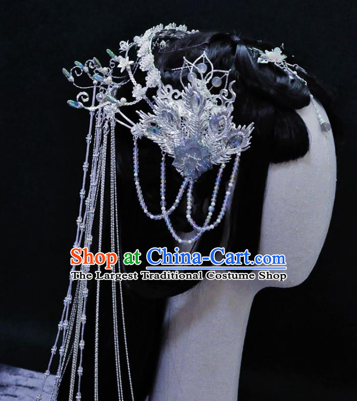 China Ancient Fairy Princess Headwear Handmade Traditional Cosplay Goddess Argent Tassel Hair Crown