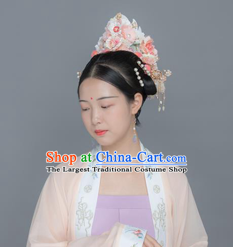 China Ancient Noble Lady Hair Accessories Traditional Song Dynasty Princess Pink Flowers Pearls Hair Crown