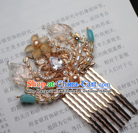 China Ancient Palace Lady Pearls Hairpin Traditional Ming Dynasty Princess Zircon Hair Comb