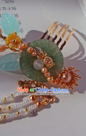 China Ancient Princess Jade Lotus Leaf Hairpin Traditional Song Dynasty Palace Lady Beads Tassel Hair Comb