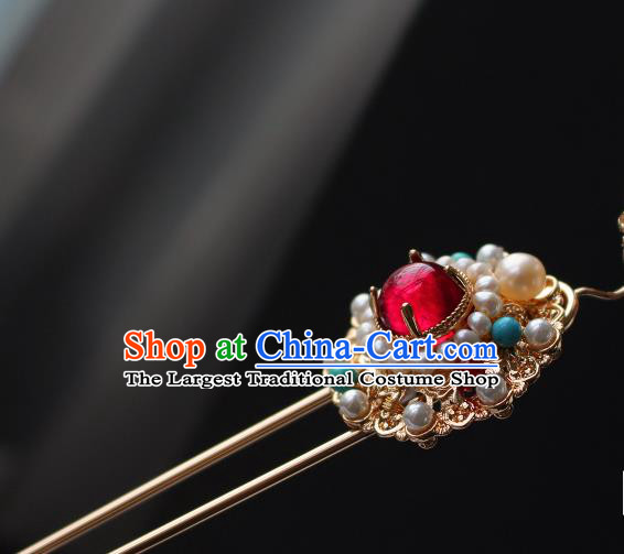 China Ancient Empress Golden Peony Hairpin Traditional Ming Dynasty Noble Woman Pearls Hair Stick