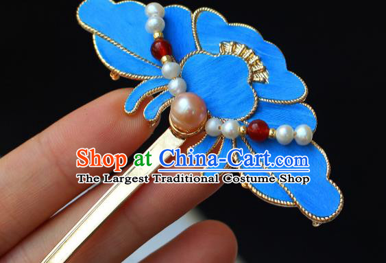 China Ancient Empress Pearls Hairpin Traditional Ming Dynasty Noble Woman Blue Peony Hair Stick