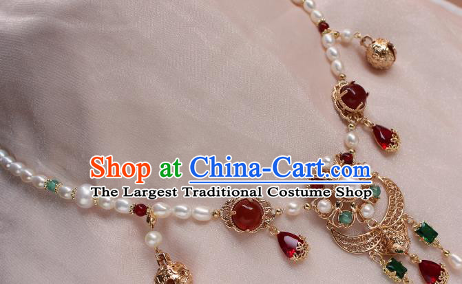 China Ancient Palace Lady Pearls Hair Jewelry Traditional Tang Dynasty Princess Agate Eyebrows Pendant
